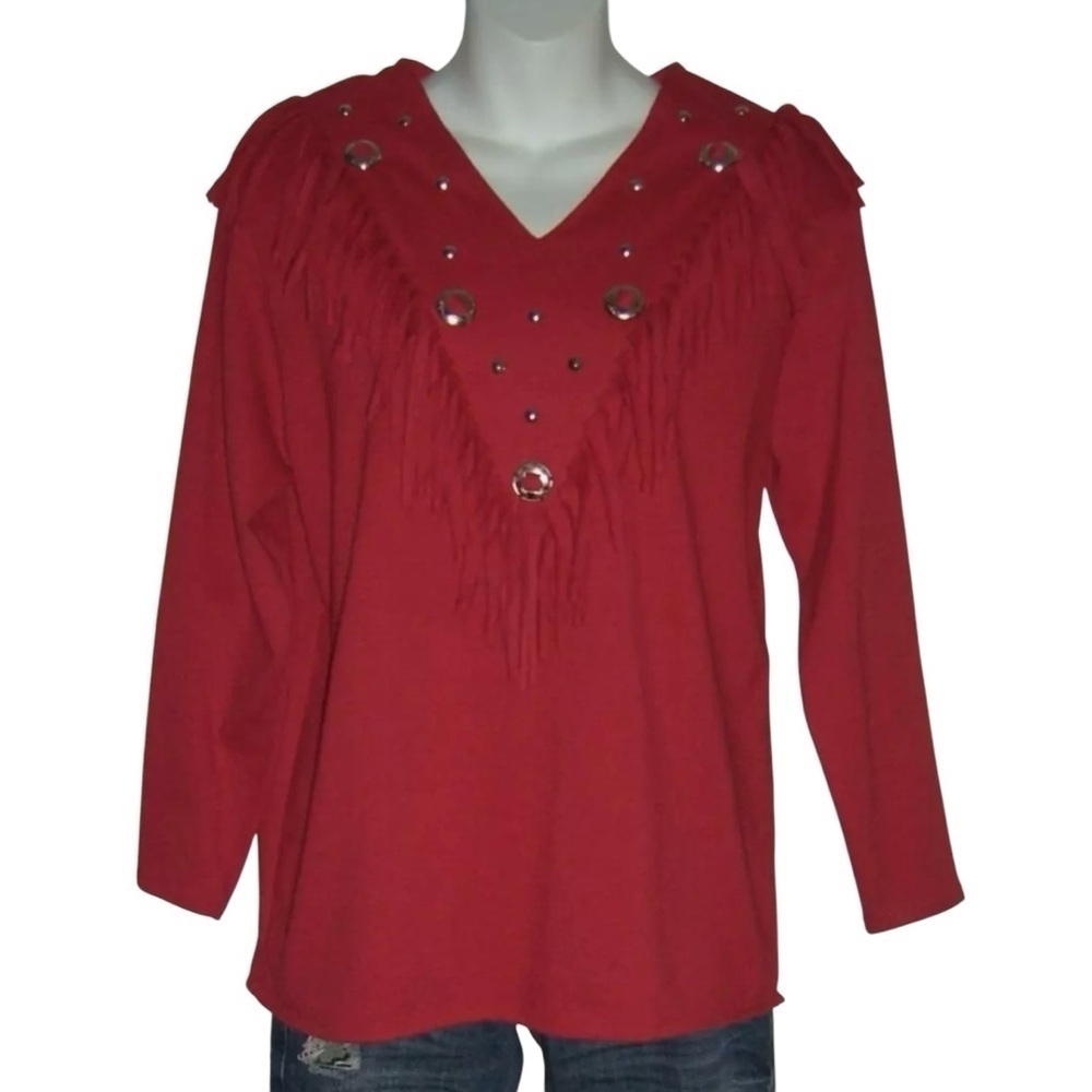 Sas'sa Blouse Vintage 80's Fringe Conche Western Boho Southwestern Cowgirl Red